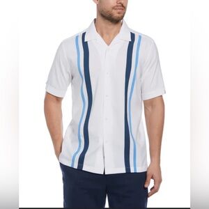 Cubavera Men's Tri-Color Camp Collar Retro Panel Short Sleeve Button-Down Shirt